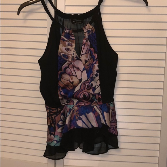 NWT XS Bebe flutter peplum top purple black blue - Picture 2 of 3